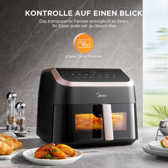 Midea Heißluftfritteuse XXL AirFryer 8.5L, 8-in-1 Heissluftfritteuse mit Sichtfenster, Extra breite Kammern, max 200°C, Fritteuse ohne Öl