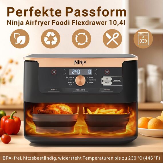 Heißluftfritteuse Zubehör für Ninja Foodi Flexdrawer AF500EU 10,4L, Faltbar Silikonform Heißluftfritteuse Zubehör Set, Wiederverwendba Silikon Einsätz für Ninja AF500EU Airfryer Zubehör