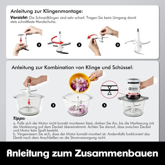 Kitchen in the Box Zerkleinerer Küche Elektrisch 400W Multizerkleinerer, fleischwolf mit 2 Schüsseln(2L+2L) und 2 Bi-Level Edelstahl Klingen, Universalzerkleinerer für Fleisch,Gemüse,Zwiebeln,Obst