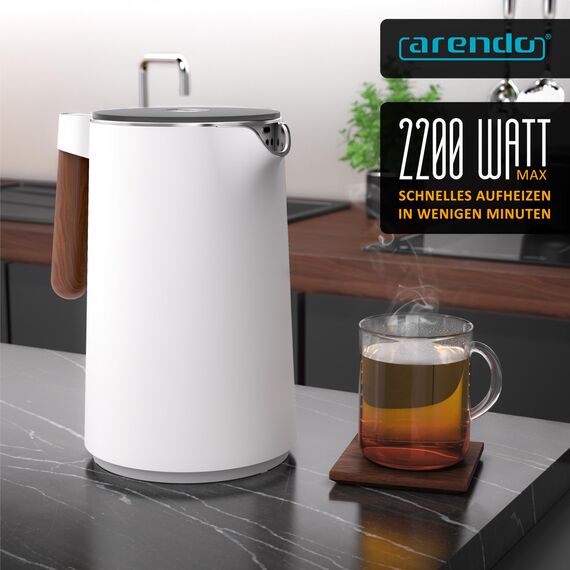 Arendo - Wasserkocher Edelstahl mit Temperatureinstellung - 45°C-100°C - 1.5 Liter - Doppelwand - BPA frei - Warmhaltefunktion - Teekocher mit Temperaturanzeige - Griff Cool Touch - weiß matt