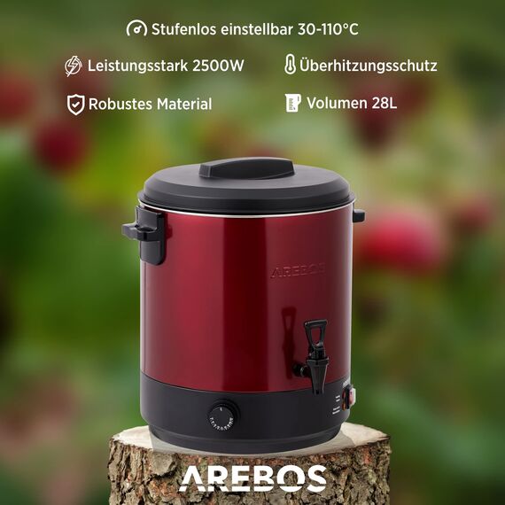 Arebos Einkochautomat 2500 W | Einkochtopf 28 L | mit Thermostat & Überhitzungsschutz | stufenlose Temperatureinstellung 30-110°C | Glühweinkocher | inkl. Einmachglasheber & Einmachtrichter | Rot
