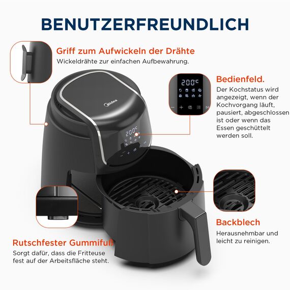 Midea Heißluftfritteuse 4L AirFryer mit LED-Touchscreen, 35-200°C, 8 Kochfunktionen, Spülmaschinenfest, 41 Rezepte, Backen, Grillen, Auftauen, Schüttelalarm HeatXpress Technologie 90% weniger Öl