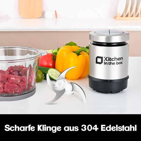 Kitchen in the Box Zerkleinerer Küche Elektrisch 400W Multizerkleinerer, fleischwolf mit 2 Schüsseln (1L Glasschüssel+2L Stahlschüssel) und 2 Bi-Level Klingen, Zerkleinerer für Gemüse,Zwiebeln,Fleisch