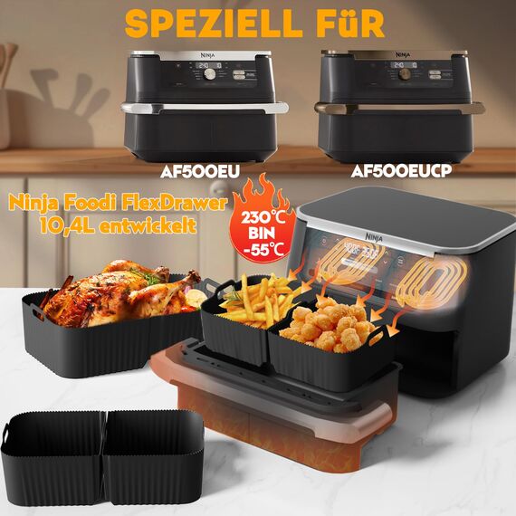 Heißluftfritteuse Zubehör für Ninja Foodi Flexdrawer 10,4l Airfryer AF500EU AF500EUCP, 1x10.4L & 2x5.2L Wiederverwendba Silikonform Ninja AF500de Heissluftfritteuse Einsatz anstelle Backpapier