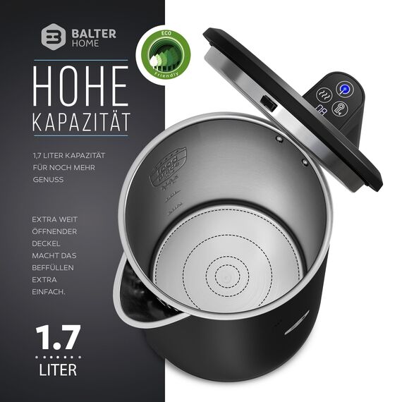 Balter Edelstahl Wasserkocher mit Temperatureinstellung, 40°C-100°C, Doppelwand, BPA frei, 1,7L, Schwarz, WK-5-Touch
