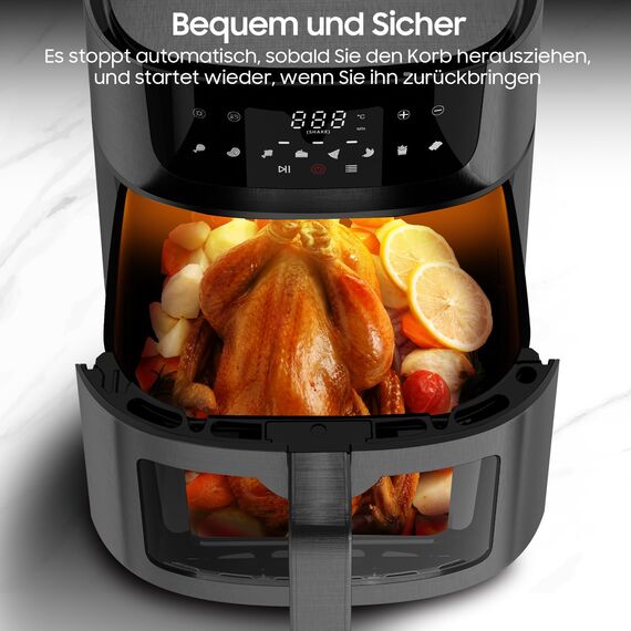 Heißluftfritteuse XXL Air Fryer 9L - Heissluftfriteuse mit Großes Sichtfenster | Friteuse Airfryer ohne Öl mit Digitalem Led Touchscreen, 8 Programmen, Shake-Modus, 1800W, Rezeptbuch