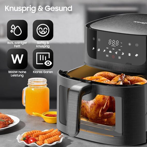 Heißluftfritteuse XXL Air Fryer 9L - Heissluftfriteuse mit Großes Sichtfenster | Friteuse Airfryer ohne Öl mit Digitalem Led Touchscreen, 8 Programmen, Shake-Modus, 1800W, Rezeptbuch