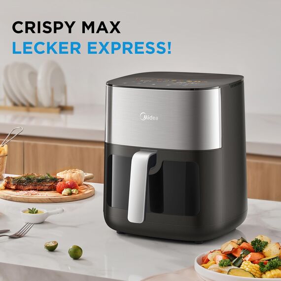 MIDEA Digital Luftfritteuse, 6.5L Airfryer LED Touch Screen Heißluftfritteusen XL, einstellbare Heizung Wind &Timer Temperatur, weniger Öl, 2000W, Schwarz