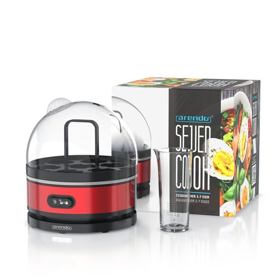 Arendo Sevencook Eierkocher 400 W – Edelstahl Design - 1-7 Eier - Egg Cooker - EIN/AUS-Schalter – 3 Härtegrade wählbar - Warmhaltefunktion - Signalton - BPA-frei - rot