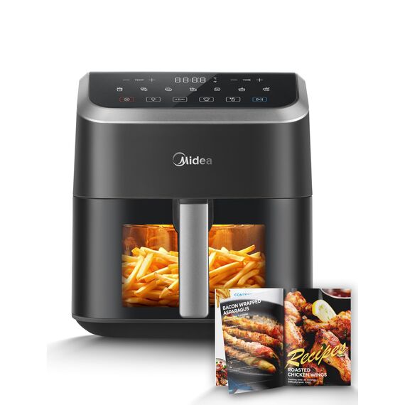 Midea Heißluftfritteuse 5L Fassungsvermögen, HeatXpress Technologie 90% weniger Öl, Energie- und Zeitersparnis mit 7 Voreinstellungen, Easy-View Fenster & Licht, Antihaft, Schwarz