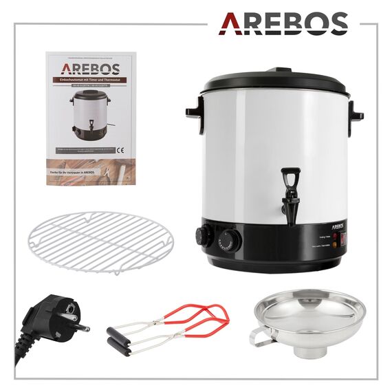 Arebos Einkochautomat 1800 W | Einkochtopf 28 L | mit Timer, Thermostat & Überhitzungsschutz | stufenlose Temperatureinstellung 30-110 °C| Zeitschaltuhr 20-120 min.| Glühweinkocher Heißgetränkeautomat
