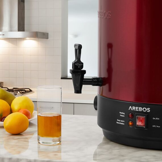 Arebos Einkochautomat 2500 W | Einkochtopf 28 L | mit Thermostat & Überhitzungsschutz | stufenlose Temperatureinstellung 30-110°C | Glühweinkocher | inkl. Einmachglasheber & Einmachtrichter | Rot