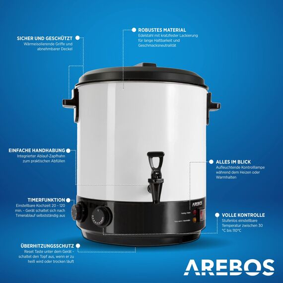 Arebos Einkochautomat 1800 W | Einkochtopf 28 L | mit Timer, Thermostat & Überhitzungsschutz | stufenlose Temperatureinstellung 30-110 °C| Zeitschaltuhr 20-120 min.| Glühweinkocher Heißgetränkeautomat