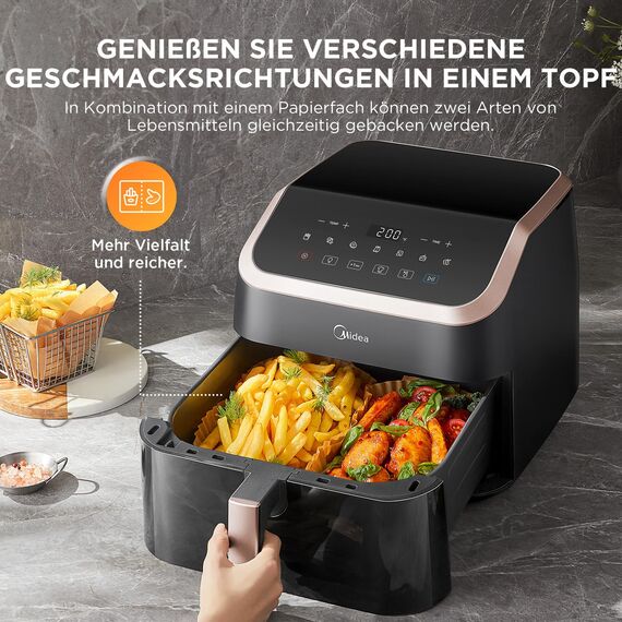 Midea Heißluftfritteuse XXL AirFryer 8.5L, 8-in-1 Heissluftfritteuse mit Sichtfenster, Extra breite Kammern, max 200°C, Fritteuse ohne Öl