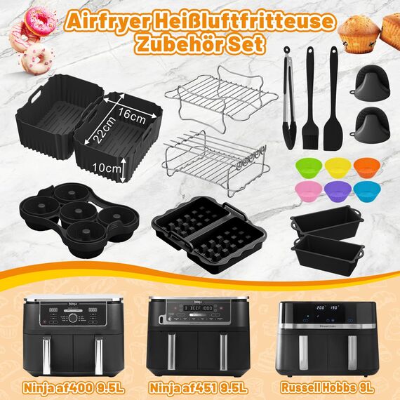 Ninja Heißluftfritteuse Zubehör - Airfryer Zubehör für Ninja Foodi Max Dual Zone AF400EU AF451EU 9,5L, Silikonform Heißluftfritteuse für Russell Hobbs 2 Kammern 9L