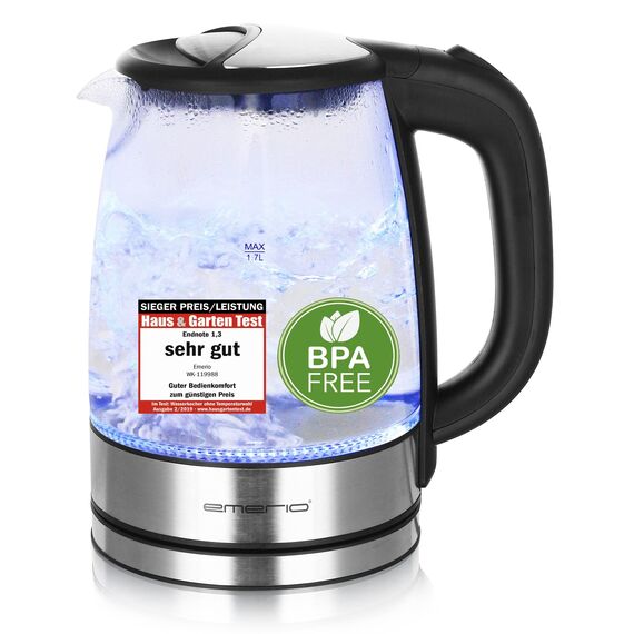 Bomann Doppel-Kochplatte DKP 5033 E, ideal für Camping, Küche oder Büro, zwei Kochplatten groß 18 cm und klein 15 cm, edelstahl & Emerio WK-119988 Glas Wasserkocher,1.7 Liter, Schwarz, Silber