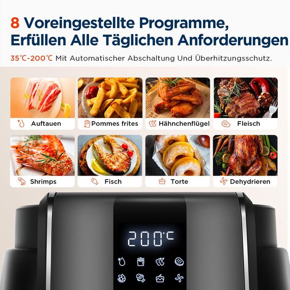 Midea MF-CN35C2,Digital Air Fryer 1500W mit 8 voreingestellten Funktionen und 60 Min Timer,3,5L Heißluftfritteuse für gesundes ölfreies Kochen,Backen,Grillen,intelligente Temperaturkontrolle,Schwarz