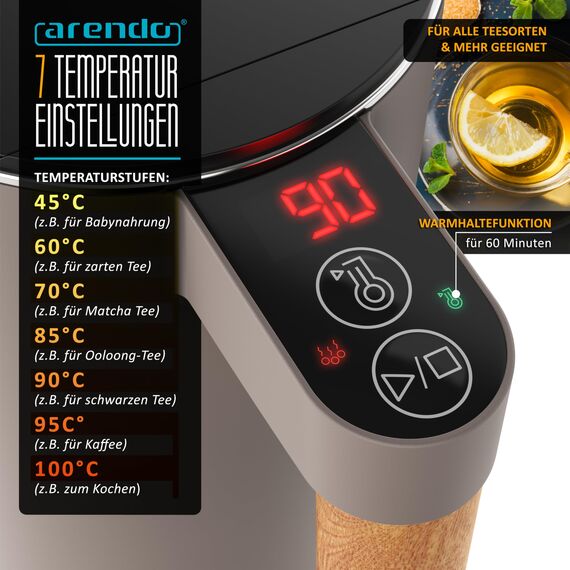Arendo - Wasserkocher Edelstahl mit Temperatureinstellung - 45°C-100°C - 1.5 Liter - Doppelwand - BPA frei - Warmhaltefunktion - Teekocher mit Temperaturanzeige - Griff Cool Touch - Taupe