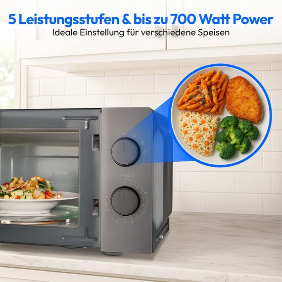 MEDION Mikrowelle klein (17 Liter, 700 Watt kompakt und platzsparend, 5 Mikrowellenstufen, Auftaufunktion, Timerfunktion, MD12211) grau [MODELL 2025]