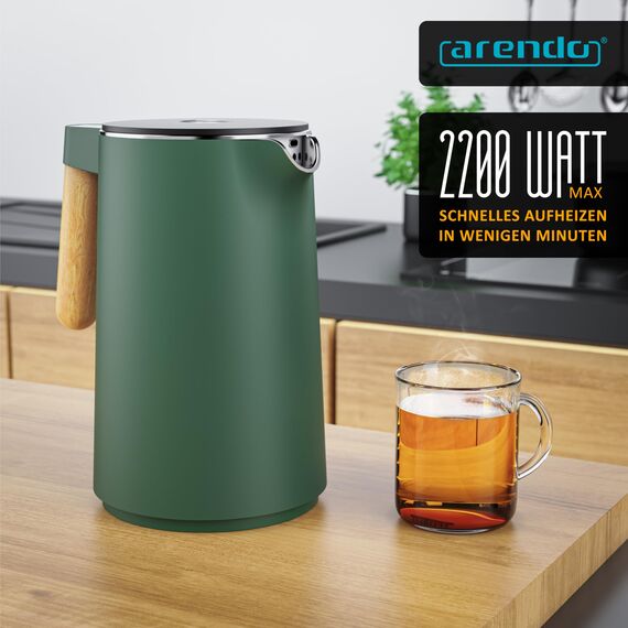 Arendo - Wasserkocher Edelstahl mit Temperatureinstellung - 45°C-100°C - 1.5 Liter - Doppelwand - BPA frei - Warmhaltefunktion - Teekocher mit Temperaturanzeige - Griff Cool Touch - grün