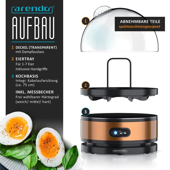 Arendo Sevencook Eierkocher 400 W – Edelstahl Design - 1-7 Eier - Egg Cooker – Kipp-Funktionsschalter – 3 Härtegrade wählbar - Warmhaltefunktion - Signalton - BPA-frei - kupfer