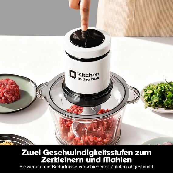 Kitchen in the Box Zerkleinerer Küche Elektrisch 400W Multizerkleinerer, fleischwolf mit 2 Schüsseln(2L+2L) und 2 Bi-Level Edelstahl Klingen, Universalzerkleinerer für Fleisch,Gemüse,Zwiebeln,Obst