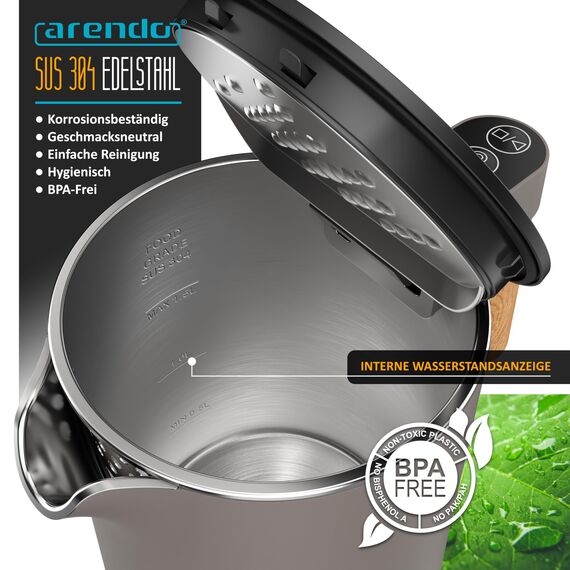 Arendo - Wasserkocher Edelstahl mit Temperatureinstellung - 45°C-100°C - 1.5 Liter - Doppelwand - BPA frei - Warmhaltefunktion - Teekocher mit Temperaturanzeige - Griff Cool Touch - Taupe
