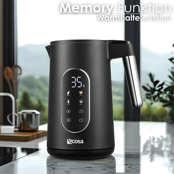 Wasserkocher Edelstahl mit Temperatureinstellung (40°C-100°C) 1,7 Liter 2200 Watt Teekocher 100% BPA FREI Warmhaltefunktion LED Display mit Temperaturwahl Wasser Kocher Water Kettle (Silk Schwarz)
