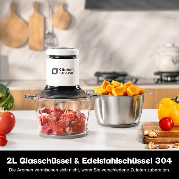 Kitchen in the Box Zerkleinerer Küche Elektrisch 400W Multizerkleinerer, fleischwolf mit 2 Schüsseln(2L+2L) und 2 Bi-Level Edelstahl Klingen, Universalzerkleinerer für Fleisch,Gemüse,Zwiebeln,Obst