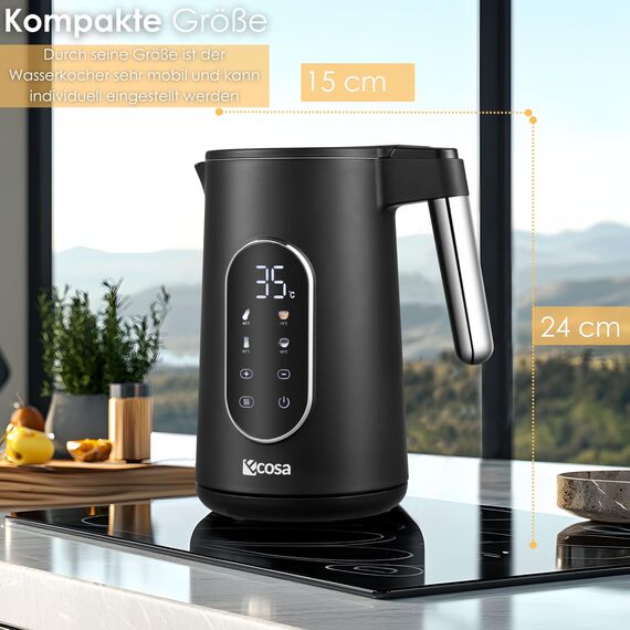 Wasserkocher Edelstahl mit Temperatureinstellung (40°C-100°C) 1,7 Liter 2200 Watt Teekocher 100% BPA FREI Warmhaltefunktion LED Display mit Temperaturwahl Wasser Kocher Water Kettle (Silk Schwarz)