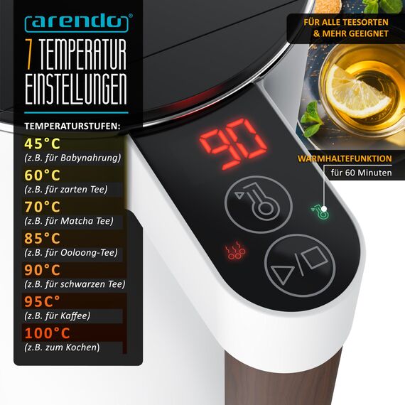 Arendo - Wasserkocher Edelstahl mit Temperatureinstellung - 45°C-100°C - 1.5 Liter - Doppelwand - BPA frei - Warmhaltefunktion - Teekocher mit Temperaturanzeige - Griff Cool Touch - weiß matt
