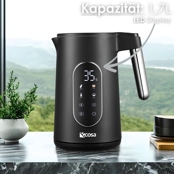 Wasserkocher Edelstahl mit Temperatureinstellung (40°C-100°C) 1,7 Liter 2200 Watt Teekocher 100% BPA FREI Warmhaltefunktion LED Display mit Temperaturwahl Wasser Kocher Water Kettle (Silk Schwarz)