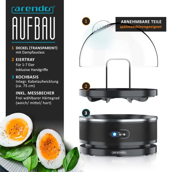 Arendo Sevencook Eierkocher 400 W – Edelstahl Design - 1-7 Eier - Egg Cooker - EIN/AUS-Schalter – 3 Härtegrade wählbar - Warmhaltefunktion - Signalton - BPA-frei - schwarz