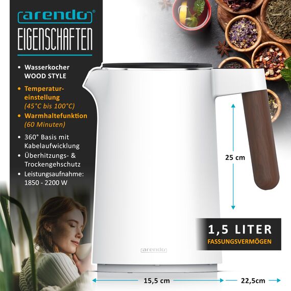 Arendo - Wasserkocher Edelstahl mit Temperatureinstellung - 45°C-100°C - 1.5 Liter - Doppelwand - BPA frei - Warmhaltefunktion - Teekocher mit Temperaturanzeige - Griff Cool Touch - weiß matt