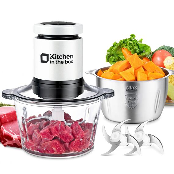 Kitchen in the Box Zerkleinerer Küche Elektrisch 400W Multizerkleinerer, fleischwolf mit 2 Schüsseln(2L+2L) und 2 Bi-Level Edelstahl Klingen, Universalzerkleinerer für Fleisch,Gemüse,Zwiebeln,Obst