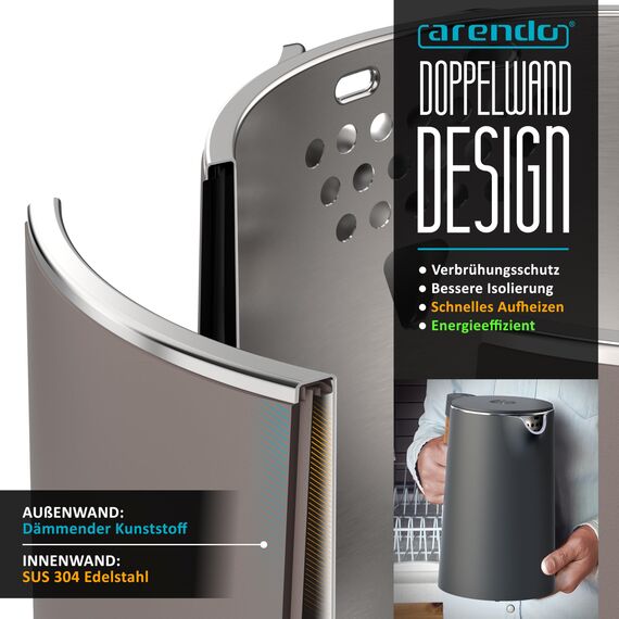 Arendo - Wasserkocher Edelstahl mit Temperatureinstellung - 45°C-100°C - 1.5 Liter - Doppelwand - BPA frei - Warmhaltefunktion - Teekocher mit Temperaturanzeige - Griff Cool Touch - Taupe