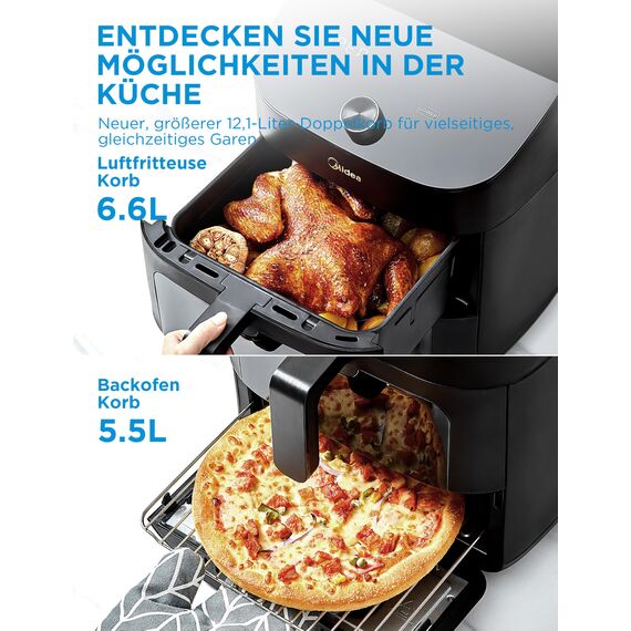 Midea Heißluftfritteuse Double Stack, übereinander Airfryer, Smart WIFI Sync mit Alexa,11L XL Vertikalem Platzsparendes Design, 10 in 1 Basket Grillpfanne Backen für 3-8 personen,2400w