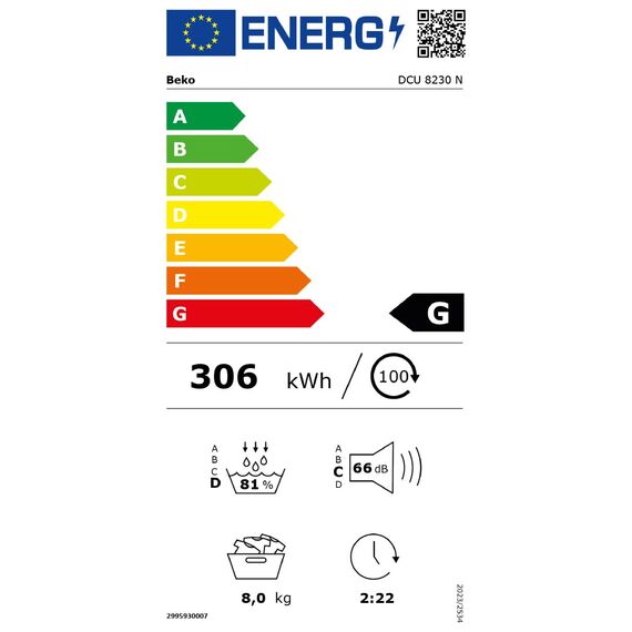 Beko DCU 8230 N b100 Kondenstrockner / 15 Programme / FlexySense - Elektronische Feuchtemessung / 8 kg Beladungskapazität / Kindersicherung / Expressprogramm
