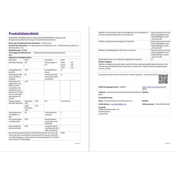 LG RT80B2 Kondenstrockner, 8 kg, Dual Inverter Wärmepumpe, Sensor Dry, LED-Touchdisplay, Startzeitvorwahl, Trommellicht, Edelstahl, 8 Programme, Weiß [Energieklasse D]