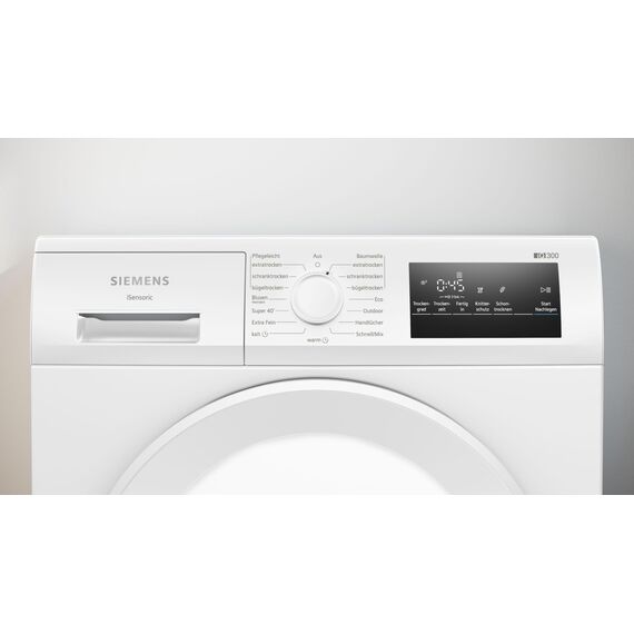 Siemens WT43HV04, iQ300, Wärmepumpen-Trockner, 8 kg, autoDry, super40-Programm, 63 dB, Touch LED-Display, softDry, Outdoor-Programm, easyClean-Filter, Kindersicherung, Weiß