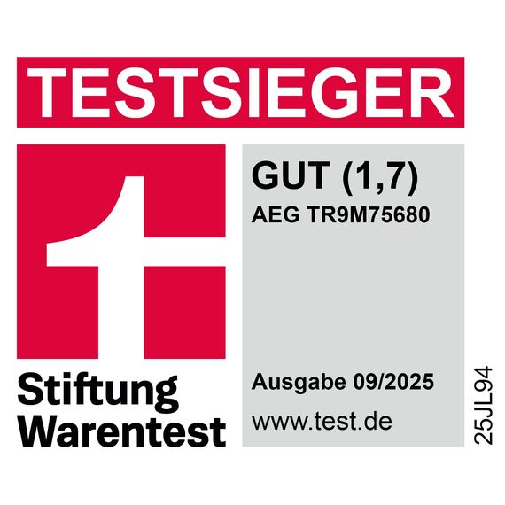 AEG Wärmepumpentrockner 8 kg, Testsieger der Stiftung Warentest 2025, Serie 9000: AbsoluteCarePlus Daunentrocknung, Punktgenaue Trockenergebnisse mit 3D-Scan Restfeuchteermittlung, TR9M75680
