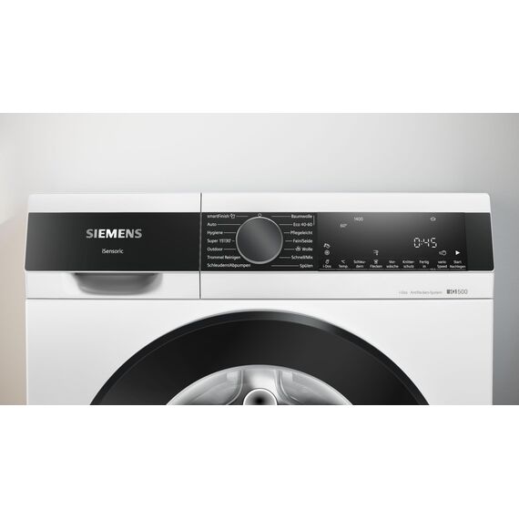 Siemens WG44G2F41, iQ500, Waschmaschine 9 kg, 1400 UpM, automatische Fleckenentfernung, weniger Bügeln mit smartFinish, varioSpeed für schnelles Waschen, i-Dos, Nachlegefunktion, aquaStop, Weiß