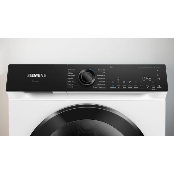 Siemens WQ45H2BECO, iQ500, Smarter Wärmepumpentrockner 9 kg, Selbstreinigender Kondensator, autoDry, speedPack, Reversierende Trommel, Nachlegefunktion, halbe Beladung, Trommelinnenbeleuchtung, Weiß