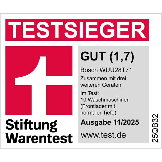Bosch WUU28T71, Stiftung Warentest Testsieger*, Serie 6 Waschmaschine 8 kg, Unterbaufähig, 1400 UpM, Beladungserkennung, Hygiene Plus, Nachlegefunktion, Frontlader, LED Display, Schontrommel, AquaStop