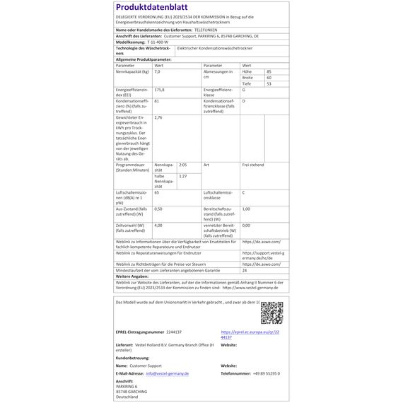 Telefunken Kondenstrockner / 7kg Trockner mit 15 Programmen, Startzeitvorwahl, Knitterschutz & reversierenden Trommelbewegungen, weiß, T-11-400-W