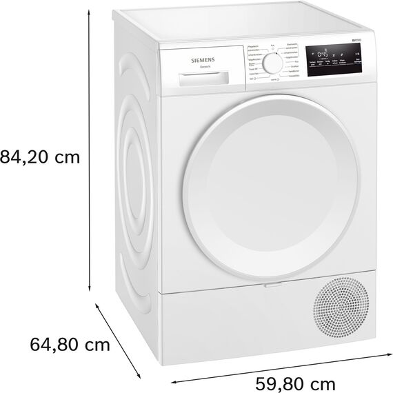 Siemens WT43HV04, iQ300, Wärmepumpen-Trockner, 8 kg, autoDry, super40-Programm, 63 dB, Touch LED-Display, softDry, Outdoor-Programm, easyClean-Filter, Kindersicherung, Weiß