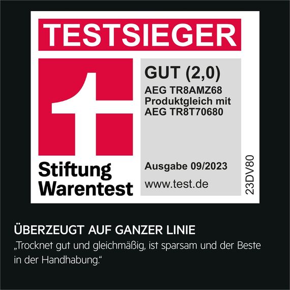 AEG Wärmepumpentrockner 8 kg, Testsieger der Stiftung Warentest, Serie 8000 AbsoluteCare - Wolle- und Seidetrocknung, C, Energiesparend, Trommelbeleuchtung, Knitterschutz, Schontrommel, TR8AMZ68