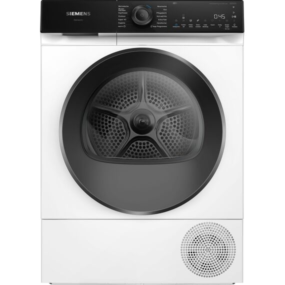 Siemens WQ45H2BECO, iQ500, Smarter Wärmepumpentrockner 9 kg, Selbstreinigender Kondensator, autoDry, speedPack, Reversierende Trommel, Nachlegefunktion, halbe Beladung, Trommelinnenbeleuchtung, Weiß