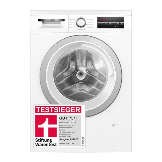 Bosch WUU28T71, Stiftung Warentest Testsieger*, Serie 6 Waschmaschine 8 kg, Unterbaufähig, 1400 UpM, Beladungserkennung, Hygiene Plus, Nachlegefunktion, Frontlader, LED Display, Schontrommel, AquaStop