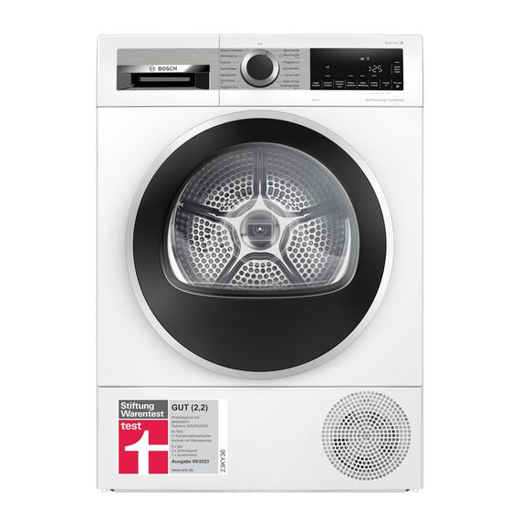 Bosch WQG235D00, Stiftung Warentest GUT (2,2)*, Serie 6, Wärmepumpentrockner 8 kg, Schneller getrocknete Wäsche, Auto Dry, Option Halbe Beladung, Sensitive Drying-System, Selbstreinigender Kondensator